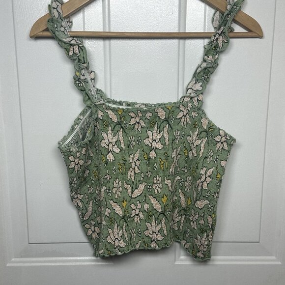 Aerie Jungle Thrills‎ Green Floral Smocked Crop Tank Top, Ruffle Straps in Large - Picture 2 of 8